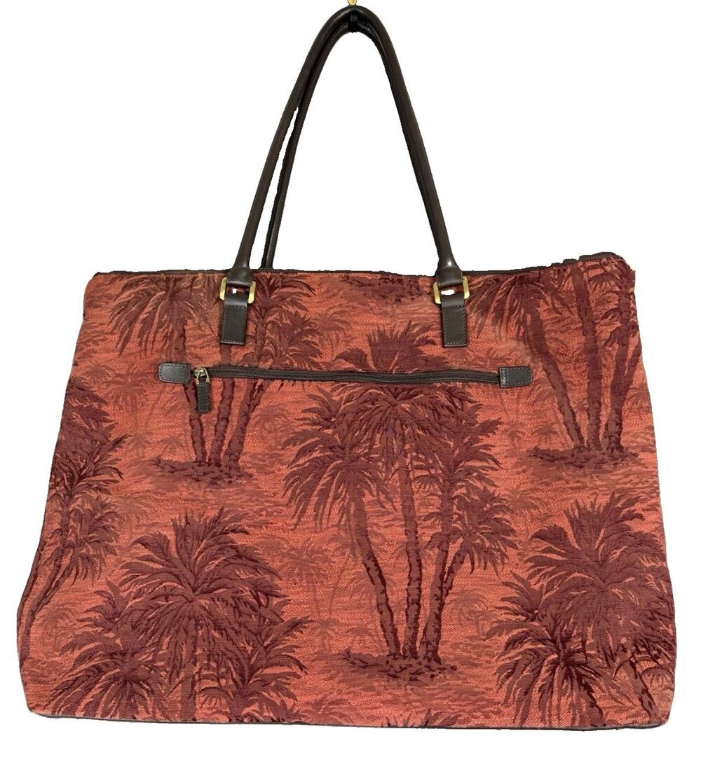Large Palm Tree Tapestry Tote Bag Rust Burgundy Jacquard Shoulder Travel Purse